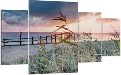 Produktbild von Bild auf Leinwand - Leinwandbild - 4 Teile - Strand Gras Horizont - 160x90cm - Wand Bild - Wanddeko - Wandbilder - Leinwanddruck - Bilder - Wanddekoration - Leinwand bilder - Wandbild - DL160x90-4625