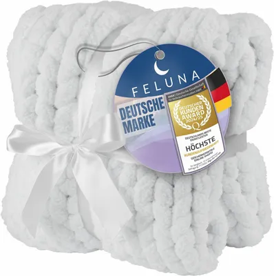 Produktbild von Feluna Grobmaschige Wohlfühldecke Weiß L – Moderne Chunky Strickdecke, extrem weiche Kuscheldecke & elegante Wohndecke für das Sofa