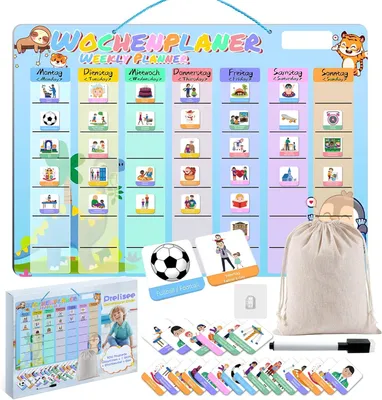 Productafbeelding van Magnetische weekplanner 42x30 cm, afwisbaar, met 200 magneten en pen, voor kinderkamer