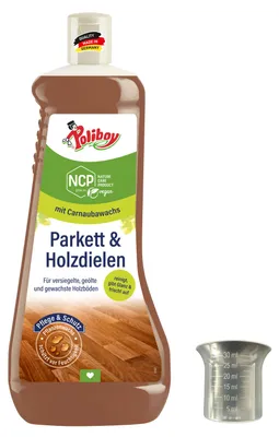 Produktbild von Poliboy NCP Parkett und Holzdielen Pflege - 1 Liter - Pflege und Schutz für Holzböden - inkl. Dosierbecher
