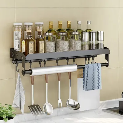 Produktbild von Gewürzregal, mit Küchenrollenhalter, 60cm Küchenregal, Edelstahlregal, Kühlschrank Regal, Lagerregal mit 10 Haken und Stange, Wandregal ohne Bohren