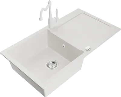 Produktbild von Mexen Leo 1 Becken-Granitspüle mit Abtropffläche und Mischbatterie Carla, Weiß - 6501-20-670700-20