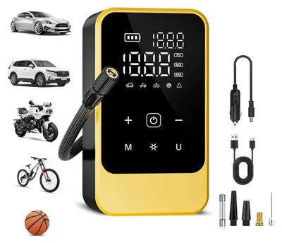 Imagen del producto de Bomba de aire para neumáticos - Compresor portátil - Bomba de aire digital inalámbrica - Recargable - Totalmente automática - Para automóviles, motocicletas, bicicletas y balones - Color amarillo