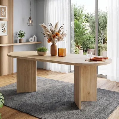 Image de Table de salle à manger de 160 x 80 cm, pour 6 à 8 personnes, plateau en MDF de 18 mm d'épaisseur, angles arrondis, structure renforcée, capacité de charge jusqu'à 60 kg, finition chêne