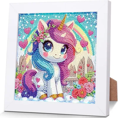 Obrázek produktu pro Sada pro malování diamantem, motiv jednorožec pro děti, s rámem, rozměry 18x18 cm
