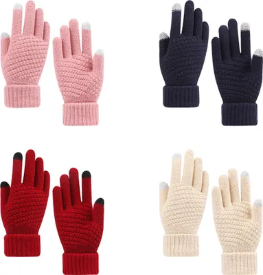 Produktbild von 4 Paar Damen-Winterhandschuhe mit Touchscreen-Funktion, warm gefüttert mit Fleece, Strickhandschuhe mit elastischem Bündchen, ideal zum Tippen auf dem Smartphone.