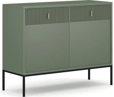 Productafbeelding van Commode: twee lades, twee deuren, rookgroene kleur, zwarte poten