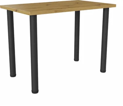 A rectangular table with a wood-look top and four black legs, isolated on a white background.