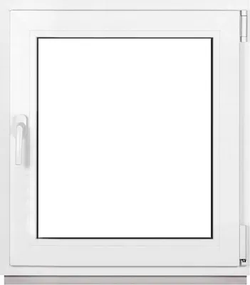A white window frame with a clear glass pane, set against a white background.