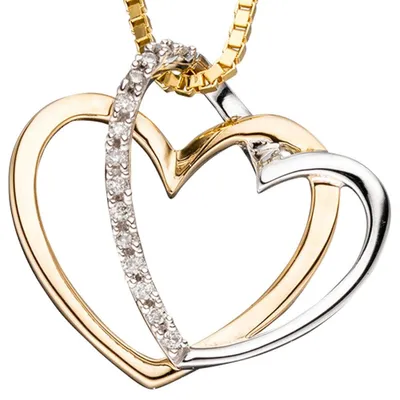 Image de Pendentif "deux cœurs" en or jaune 585, orné de 14 diamants
