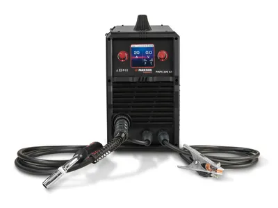 A black multi-welding machine with a digital display and controls, connected to a welding torch and a ground clamp.