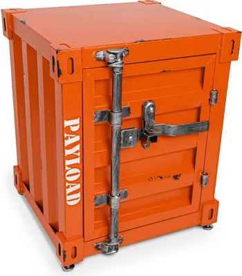 An orange industrial-style container-shaped side table or stool with a silver latch and handle.