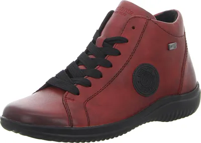 A red high-top sneaker with black laces and a black sole, shown from a side angle against a white background.
