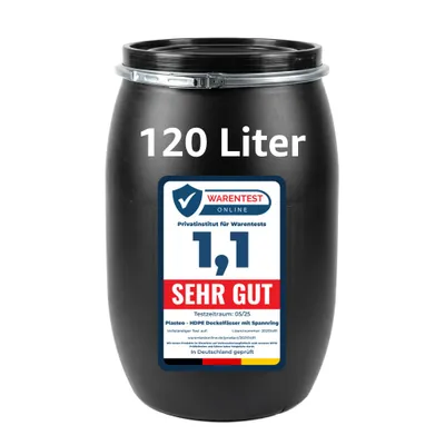 Immagine prodotto di plasteo, fusto a collo largo da 120 litri, nero, con coperchio, anello di serraggio e guarnizione, omologazione UN, fusto in HDPE, fusto con coperchio, fusto di stoccaggio, cisterna per l'acqua piovana