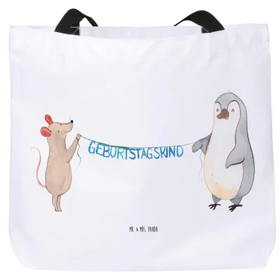 Produktbild von Mr. & Mrs. Panda Reisetasche Maus Pinguin Geburtstag - Weiß - Geschenk, Geburtstage, Tote Bag, Tasche, Happy Birthday, Laptoptasche, Schultasche, Strandtasche