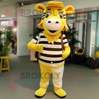 Produktbild von Zitronengelber REDBROKOLY Zebra Maskottchen Kostüm charakter bekleidet mit Chinos und Hosenträgern