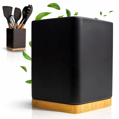 Imagen del producto de KOOK TIME Soporte para utensilios de cocina, cerámica y bambú, negro