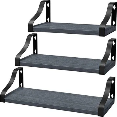 Image de Étagère suspendue en bois, 3 éléments, grise, 42/36/29 cm, bois massif