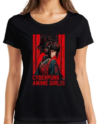Zdjęcie produktu dla Koszulka damska, czarna, rozmiar S, z motywem cyberpunkowym, przedstawiająca anime, futurystyczną Japonię, science fiction, gracza, fana anime/mangi, styl Y2K