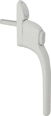 A white window handle with a silver metal rod is shown against a white background.