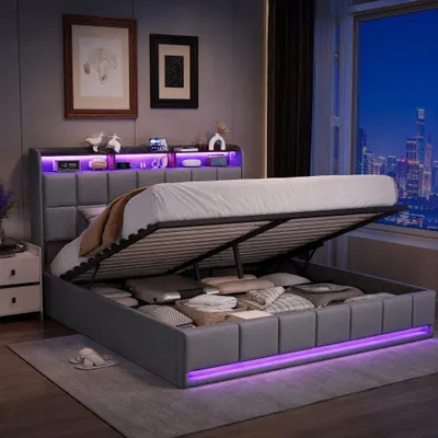 Immagine prodotto di Letto imbottito ProximaX 140x200 cm in tessuto di lino grigio,  letto contenitore con illuminazione a LED e stazione di ricarica USB/Type-C
