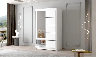 Produktbild von Schwebetürenschrank Letto III 100 cm mit Spiegel - Groß Kleiderschrank, Schiebetürenschrank mit Kleiderstange und Einlegeboden, Schlafzimmerschrank, Schiebetüren, 100x200x58 cm (Weiß)