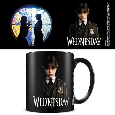 A collage featuring a scene from the show 'Wednesday' and a black mug with Wednesday Addams' image and name.