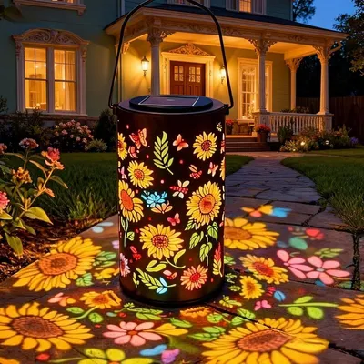 Productafbeelding van Zonne-tuinlamp 18x10cm, zonnebloemmotief – LED zonne-hanglamp, weerbestendig, geschikt voor tuin, terras, camping en decoratie, kleurrijk