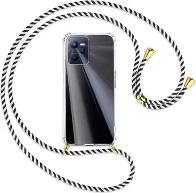 Produktbild von Handykette Backcover-Schutzhülle mit Band (Metall goldfarben) für Realme C35 - schwarz/weiß gestreift