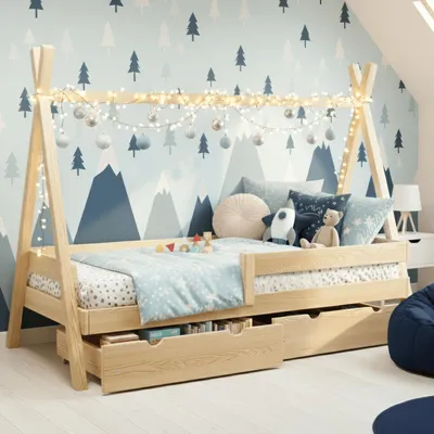 Produktbild von MEBLE WRÓBEL Kinderbett Tipi 80x190 cm Unlackiert - Bett aus Kiefernholz mit 2 Schubladen & Rausfallschutz - Hausbett für Mädchen und Jungen - Abgerundete Kanten