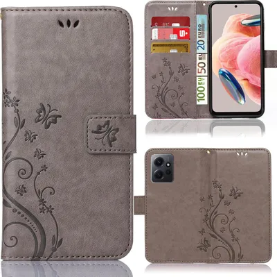 A collage of images showing a grey flip phone case with a floral and butterfly design. One image shows the case open with a phone and cards inside, another shows the back of the case with the camera cutout.