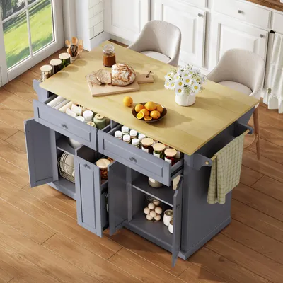 Immagine prodotto di Isola mobile da cucina, dimensioni 121x49(69)x89 cm, piano di lavoro pieghevole, cassetti verticali a due livelli, 2 cassetti grandi, ruote bloccabili.