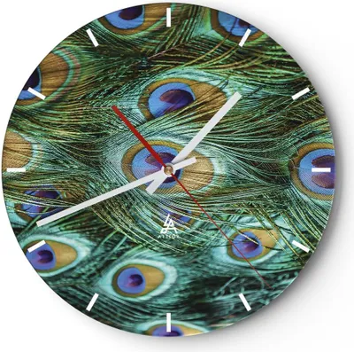 Produktbild von Wanduhr - Rund - Glasuhr - Pfauen Feder Makro - 30x30cm - Schleichendes Uhrwerk - Lautlos - zum Aufhängen bereit - Dekoration Modern - Wanddekoration aus Glas - C3AR30x30-4159