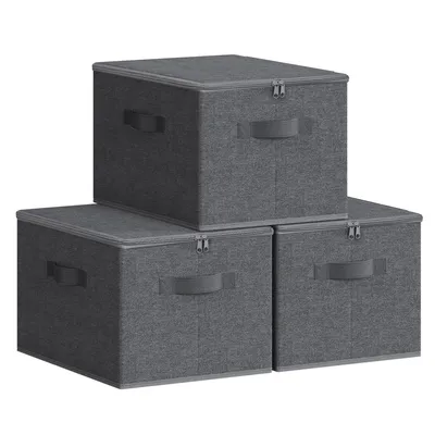 Three gray fabric storage boxes are stacked and arranged in a pyramid formation against a white background.