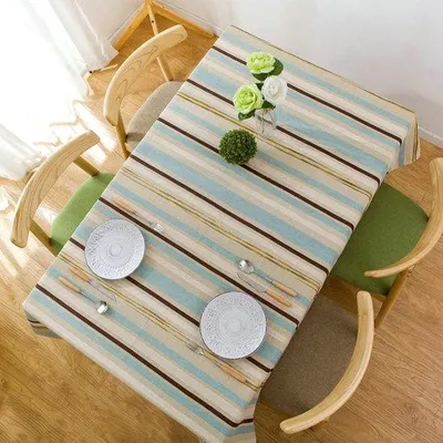 Image de Nappe ronde pour le salon, nappe en coton et lin bleu et blanc pour la salle à manger et le salon, 110 x 110 cm