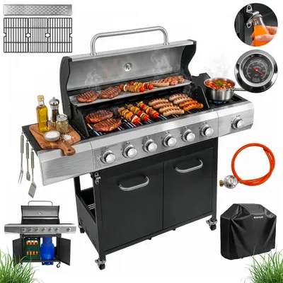 Zdjęcie produktu dla Grill gazowy ogrodowy 19,9kW BERGMANN KJ002 7 palników żeliwny ruszt stolik boczny front stal nierdzewna kosz na butlę + pokrowiec