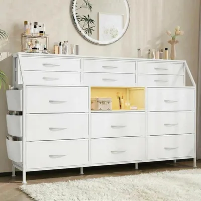 Immagine prodotto di Comodino con 14 cassetti in tessuto, struttura in MDF, finitura bianca, dimensioni 100x36x28,5 cm