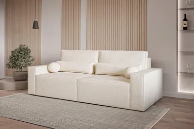 Produktbild von Sofa mit Schlaffunktion und Bettkasten, Polstersofa aus Bouclé, Couch für Wohnzimmer, Sofagarnitur Wohnlandschaft mit BettfunktionSchlafsofa Denver mini - Cream (Anthology 20)