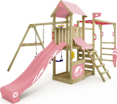 Image de WICKEY Tour de jeux Smart Baboon avec balançoire & toboggan, tour à grimper avec bac à sable, échelle de corde & accessoires de jeu - rose pastel