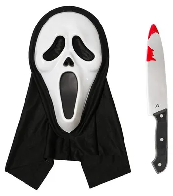 Schrei-Maske mit Geistergesicht + Spielzeugmesser, Halloween