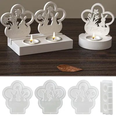 Produktbild von 4er Set Silikonformen Gießformen Ostern Hase Kerzenhalter Epoxidharz Blume