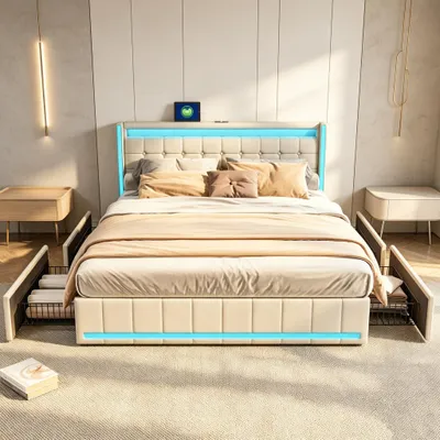 Produktbild von INONEFT Polsterbett 160x200cm mit 4 Schubladen, Jugendbett Doppelbett mit USB/Typ-C und LED, Stauraumbett Massivholzbett mit Lattenrost, Leinen, Beige