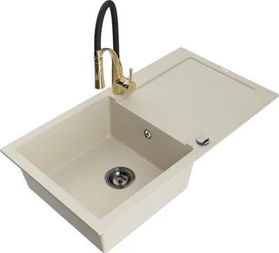 Immagine prodotto di Mexen Leo lavello in granito a 1 vasca con scolapiatti e miscelatore da cucina Aster, beige - 6501-69-73450-57-B