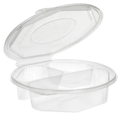 Produktbild von Menüboxen mit Klappdeckeln, PP 3-geteilt 5,9 cm x 21,5 cm x 21,5 cm transparent 8-eckig
