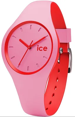 A close-up studio shot of a pink and red Ice-Watch.