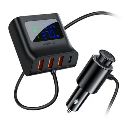 A black car charger with multiple USB ports and a digital display, connected to a car cigarette lighter adapter.