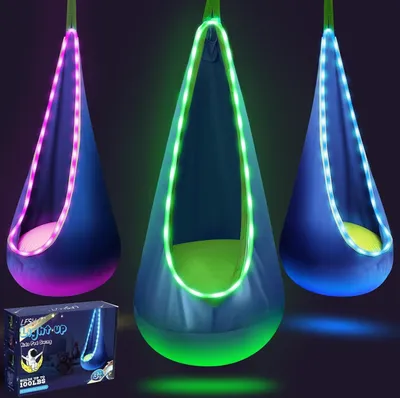 Produktbild von Götäzer Kinder Hängemattenschaukel, Blau, mit LED Lichtern, sensorisches Aufblas-Kissen, 210T Nylon, 150x70cm, 100 Pfund