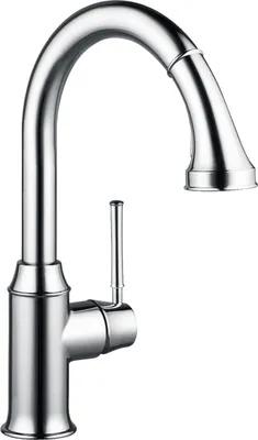 A studio shot of a kitchen faucet against a white background.