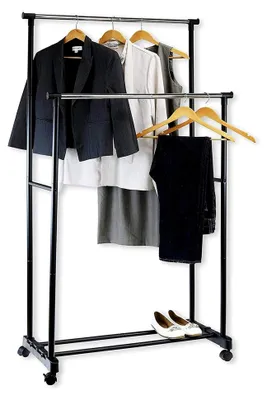 Produktbild von Kleiderständer, Höhe und Breite verstellbar, mit Rollen, mobiler Kleiderschrank mit 3 höhenverstellbaren Stangen und einer Ablagefläche