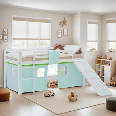 Produktbild von Homestyle4u Hochbett 90x200 Kinder Weiß Rutsche Set mit Matratze ® Standard 100 Vorhang grün Kinder Weißbett Spielbett